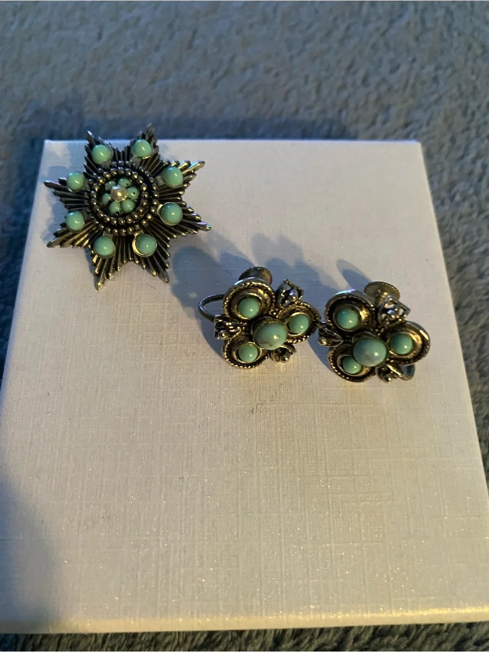 Vintage Turquoise Floral Star Brooch and Clip Earrings Set